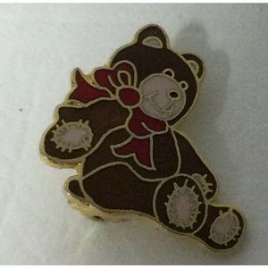 Vintage Pinnacle Designs Teddy Bear Lapel Pin Brooch Red Bow